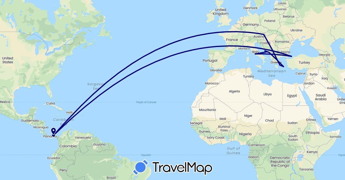 TravelMap itinerary: driving in Austria, Greece, Croatia, Italy, Montenegro, Panama, Turkey (Asia, Europe, North America)